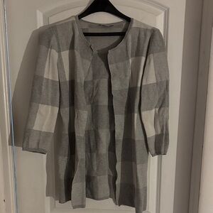 LOFT Gray and White Checkered Cardigan